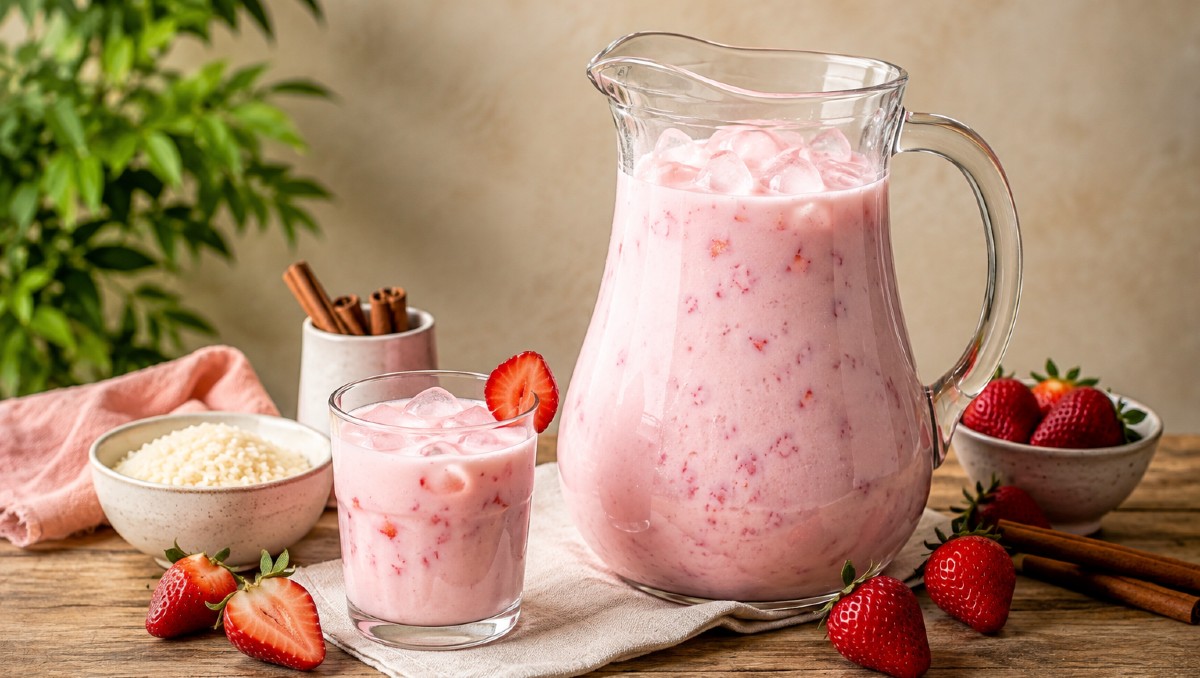 Ingredientes para hacer agua de horchata con fresa (IA)