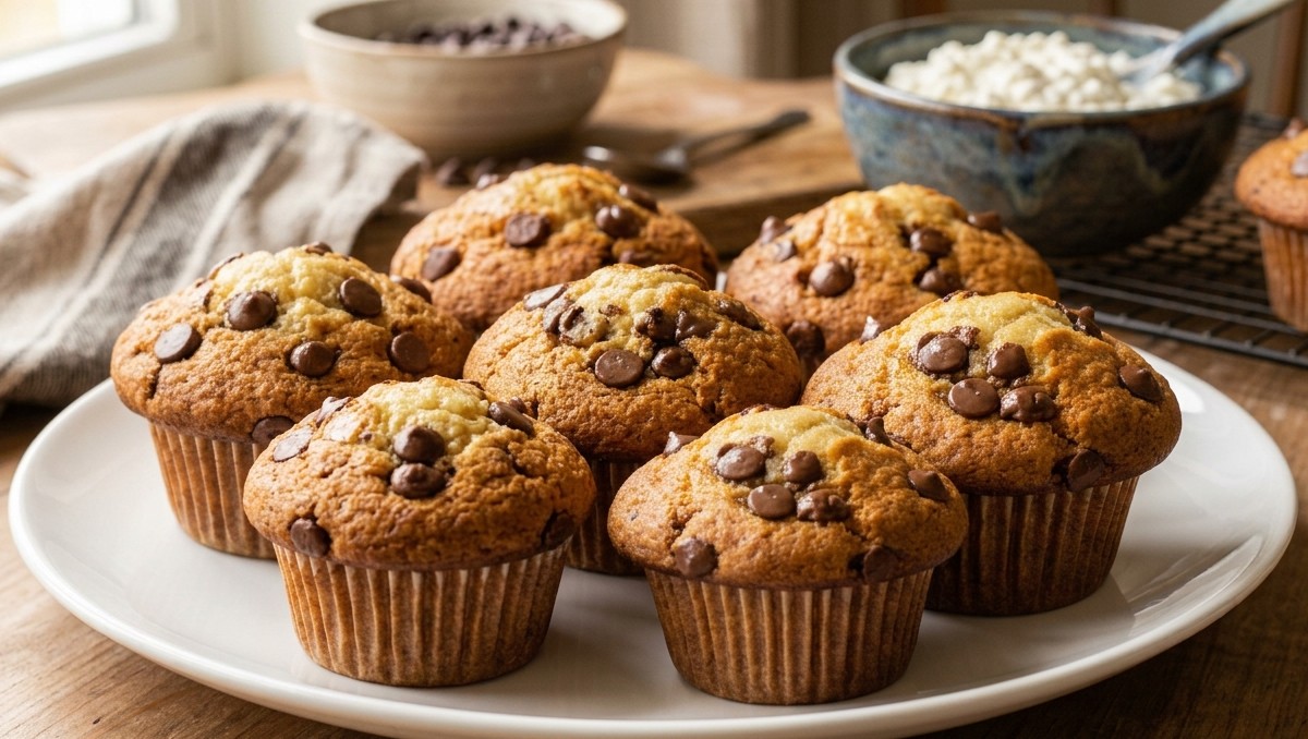Ingredientes para hacer panques de queso cottage con chispas de chocolate (IA)