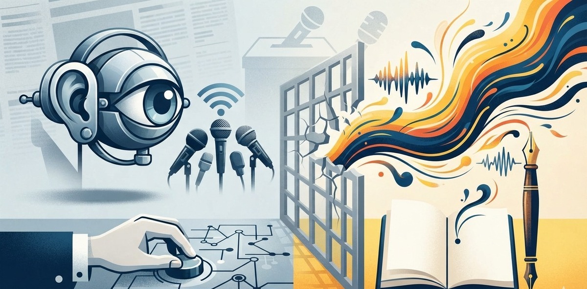 Concepto visual que ilustra el contraste entre la vigilancia de los contenidos informativos y la libertad del periodismo de opinión. | Diseño: IA