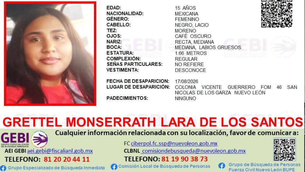 Grettel Monserrath Lara De los Santos fue vista por última vez al salir de su domicilio, en la colonia Vicente Guerrero. Foto: Especial