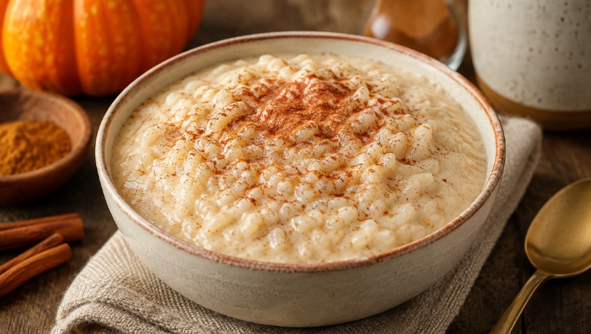 Ingredientes para hacer un arroz con leche de pumpkin spice (IA)