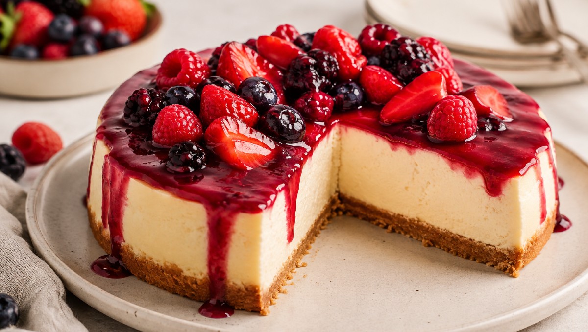 Ingredientes para hacer un cheessecake de frutos rojos sin azucar añadida (IA)