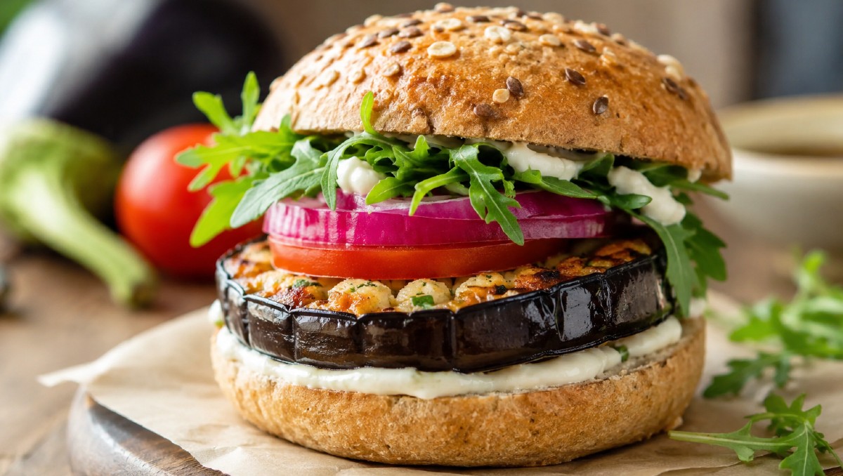 Ingredientes para hacer una hamburguesa de berenjena (IA)