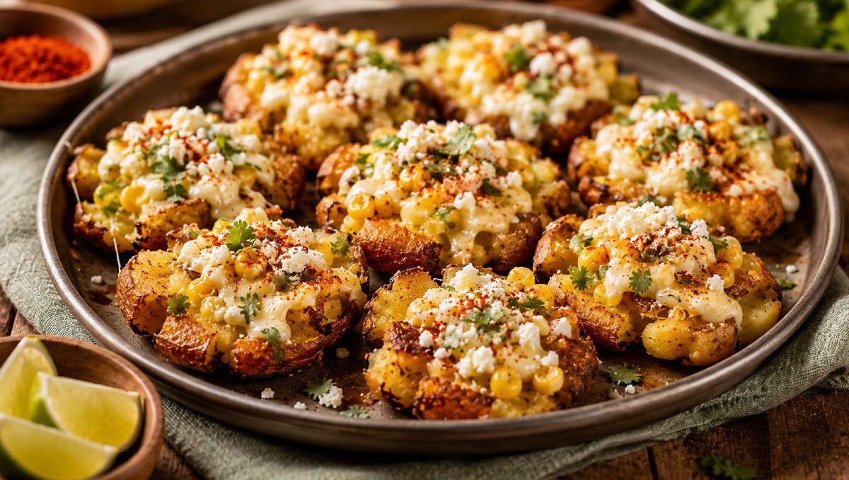 Papas aplastadas con queso, elote y chile | RECETA