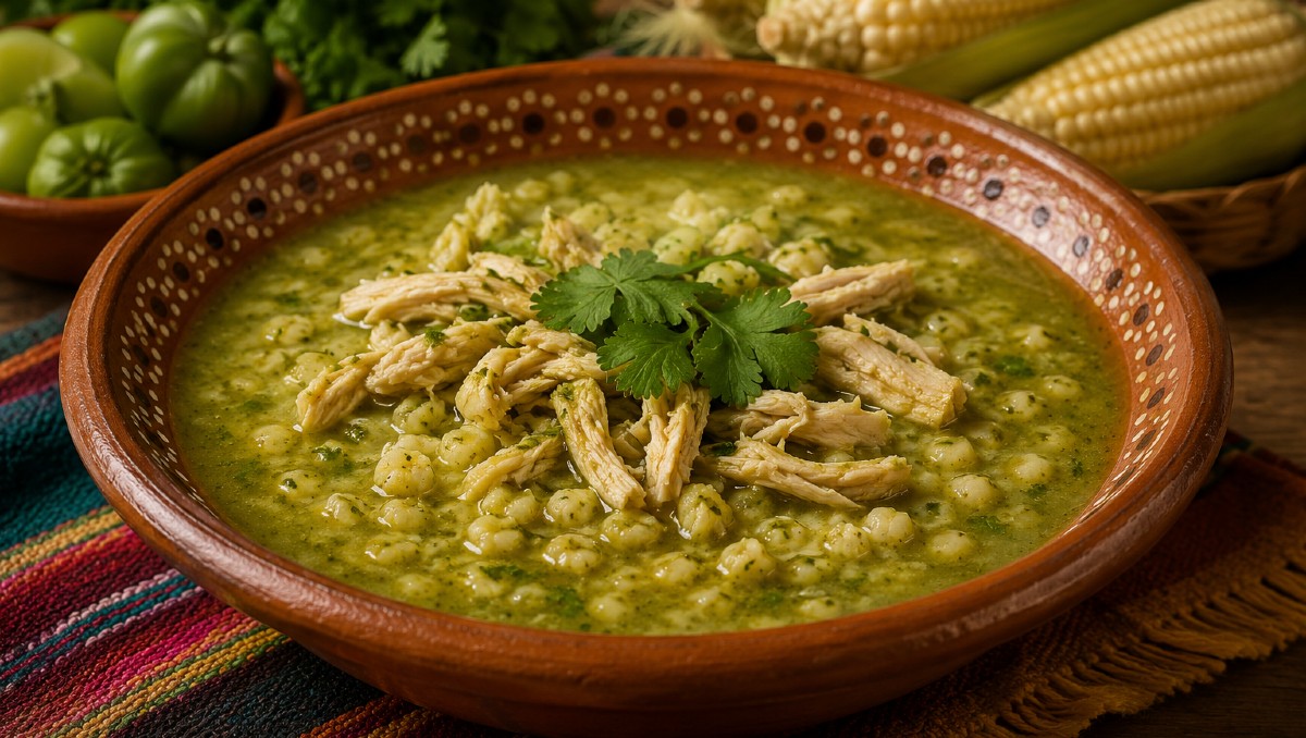 Ingredientes para hacer un pozolillo verde con pollo (IA)