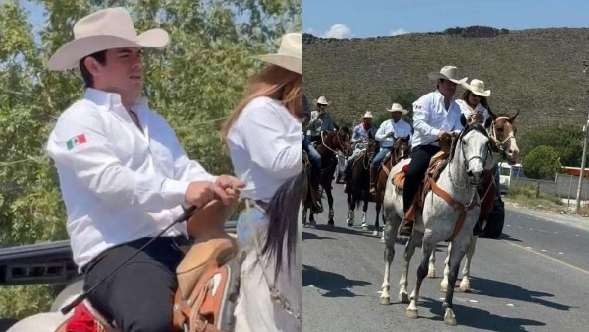 El artista sorprendió a los habitantes del ejido 28 de Agosto al participar a caballo en la tradicional cabalgata por su 86 aniversario y convivir con asistente