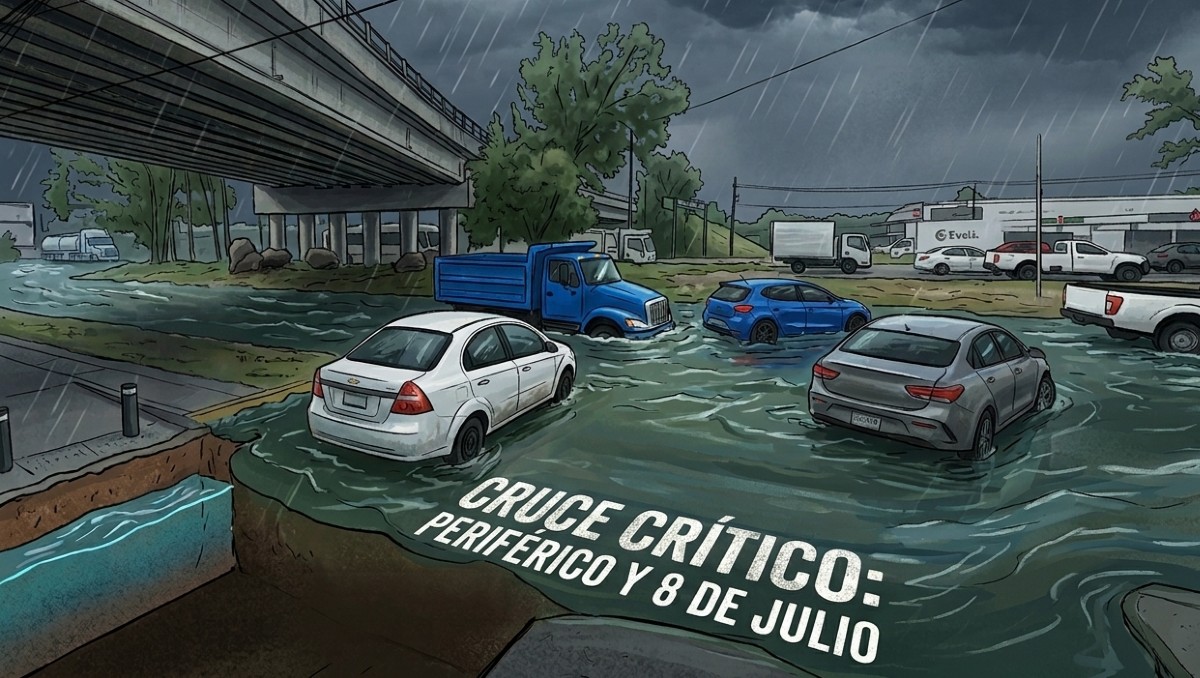 El cruce de 8 de Julio y Periférico presenta inundaciones (Gemini IA basada en vista de Google Maps)