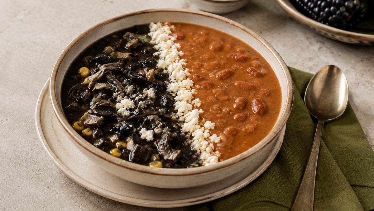 Ingredientes para hacer una sopa divorciada de huitlacoche con frijoles (IA)