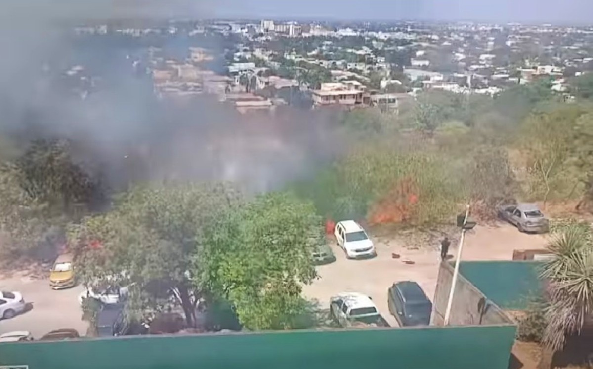 Incendio de pastizal genera humo cerca de vehículos en Ciudad Victoria. | Via Fb
