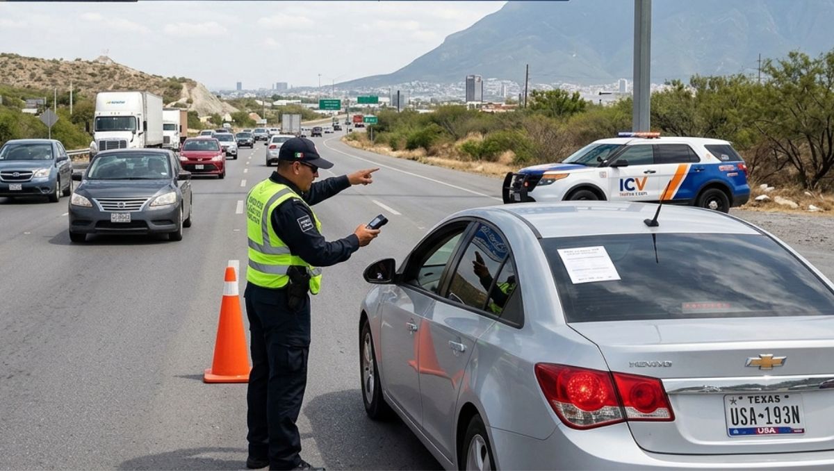 Agentes de tránsito verificarán que los autos con placas foráneas cuenten con el pase. | Imagen generada con IA