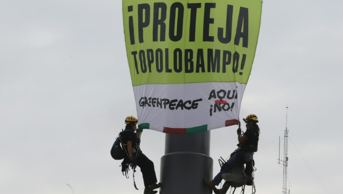 Activistas de Greenpeace escalaron el asta bandera del Zócalo en protesta contra la planta de fertilizantes en Topolobampo. | Foto: Javier Ríos