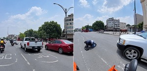 Adulto mayor intenta cruzar Paseo de la Reforma con el semáforo en verde, cae y casi es impactado por un motociclista en Metro Hidalgo.