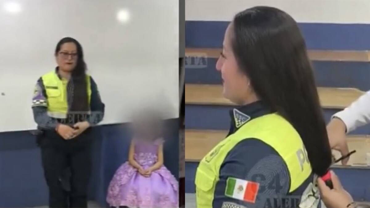 La policía Angélica Velázquez realizó la donación de su cabello frente a la niña y sus familiares. | Especial