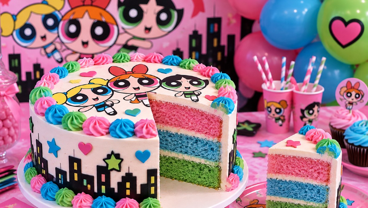Pastel de Las Chicas Superpoderosas para fiesta temática | IA DISCOVER