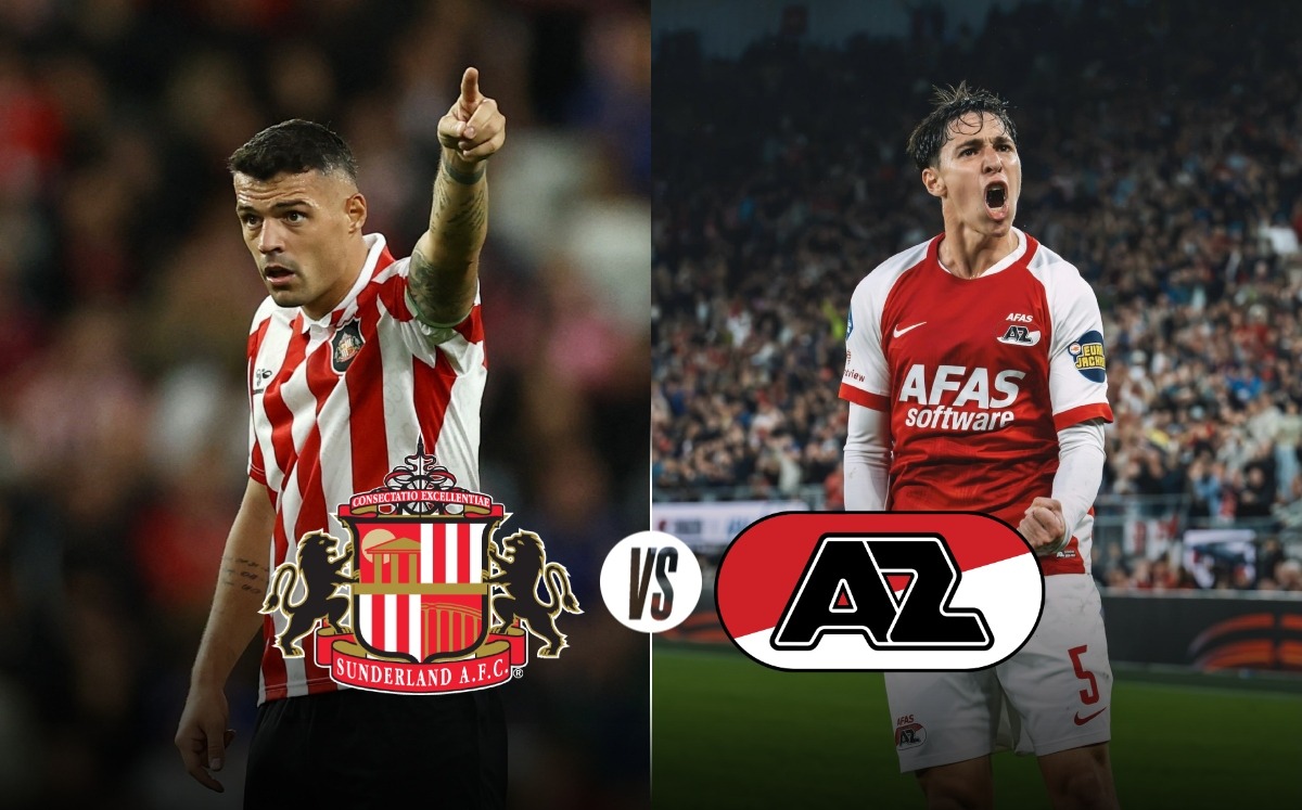 Granit Xhaka (Sunderland A. F. C.) y Mateo Chávez (AZ Alkmaar), en la previa del duelo entre ambos clubes en la UEFA Europa League.