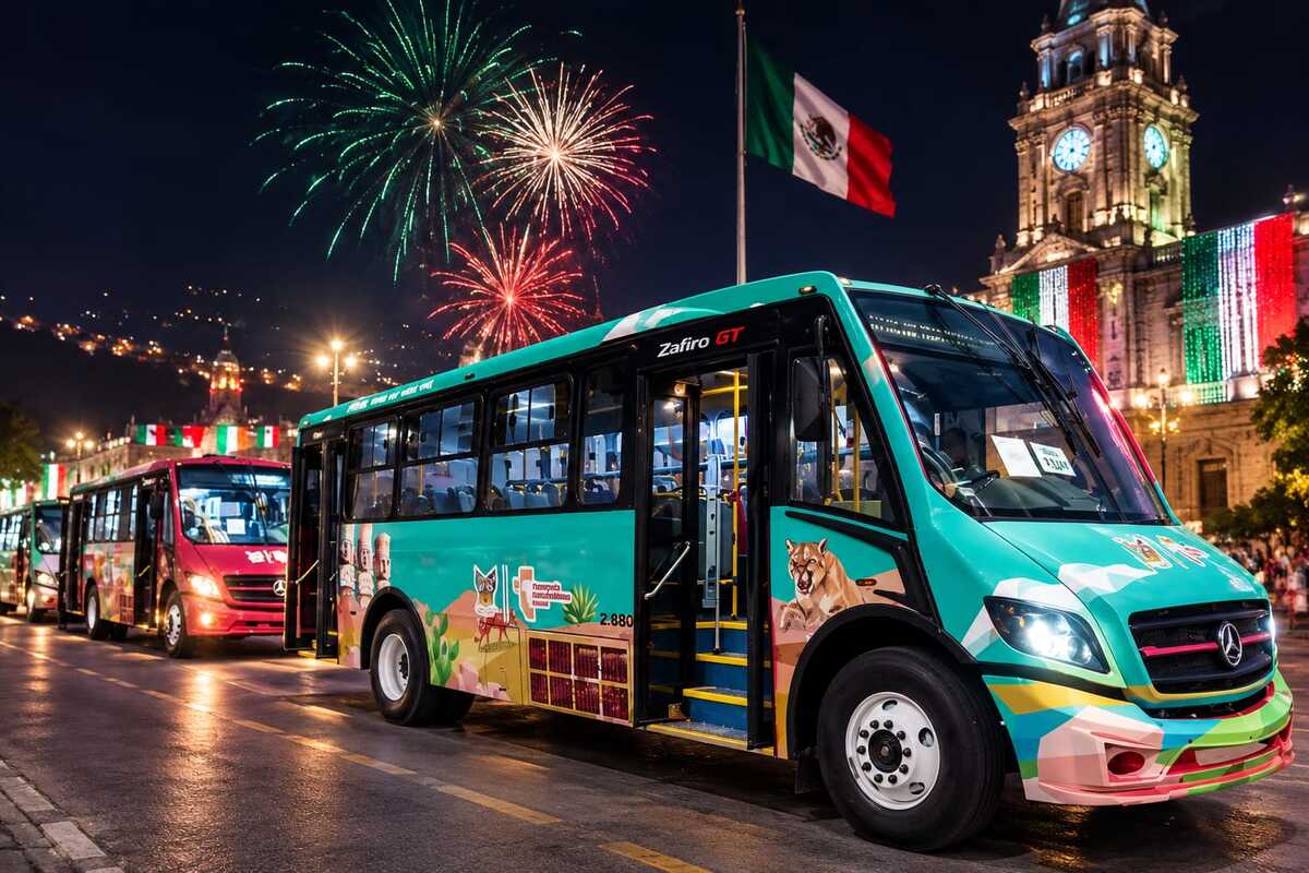 Transporte en Pachuca durante festejos patrios. (Imagen generada por IA)