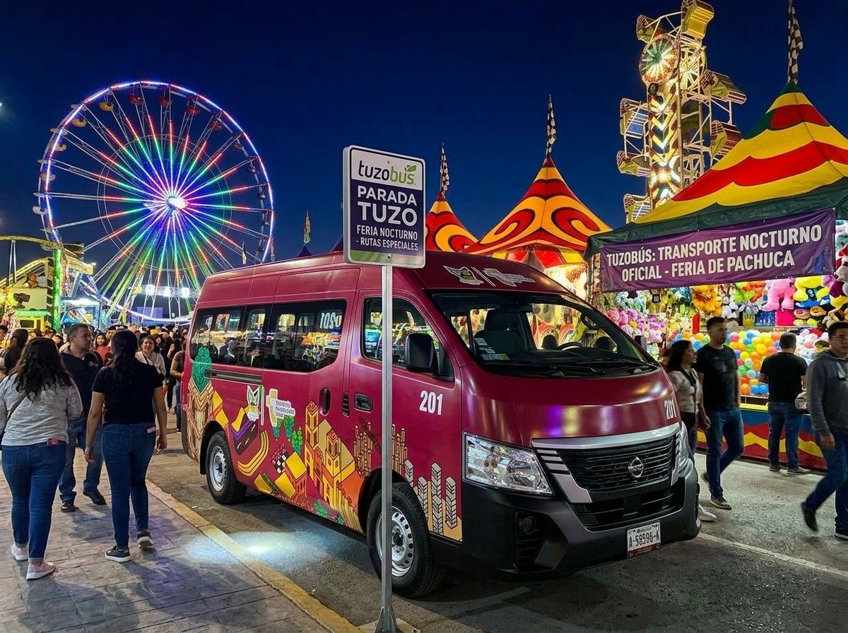 Transporte nocturno del Tuzobús durante la Feria de Pachuca. (Milenio IA)