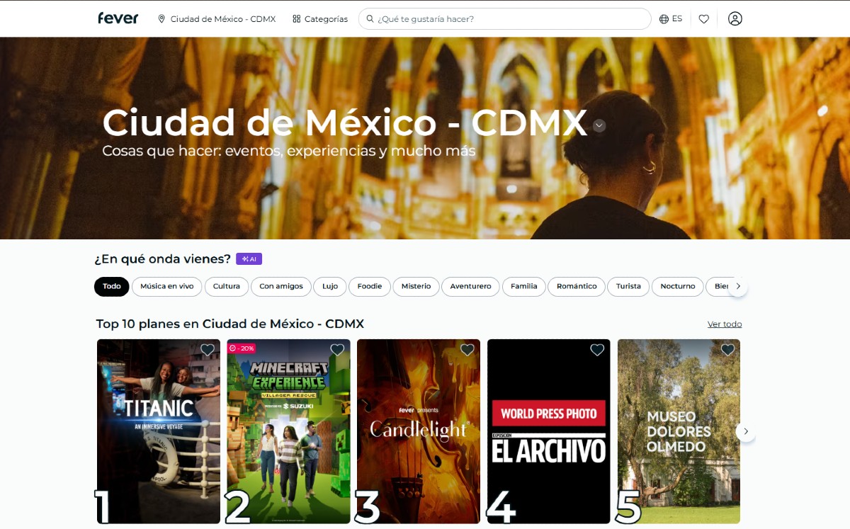Sitio web de la plataforma Fever. | Foto: Captura de pantalla