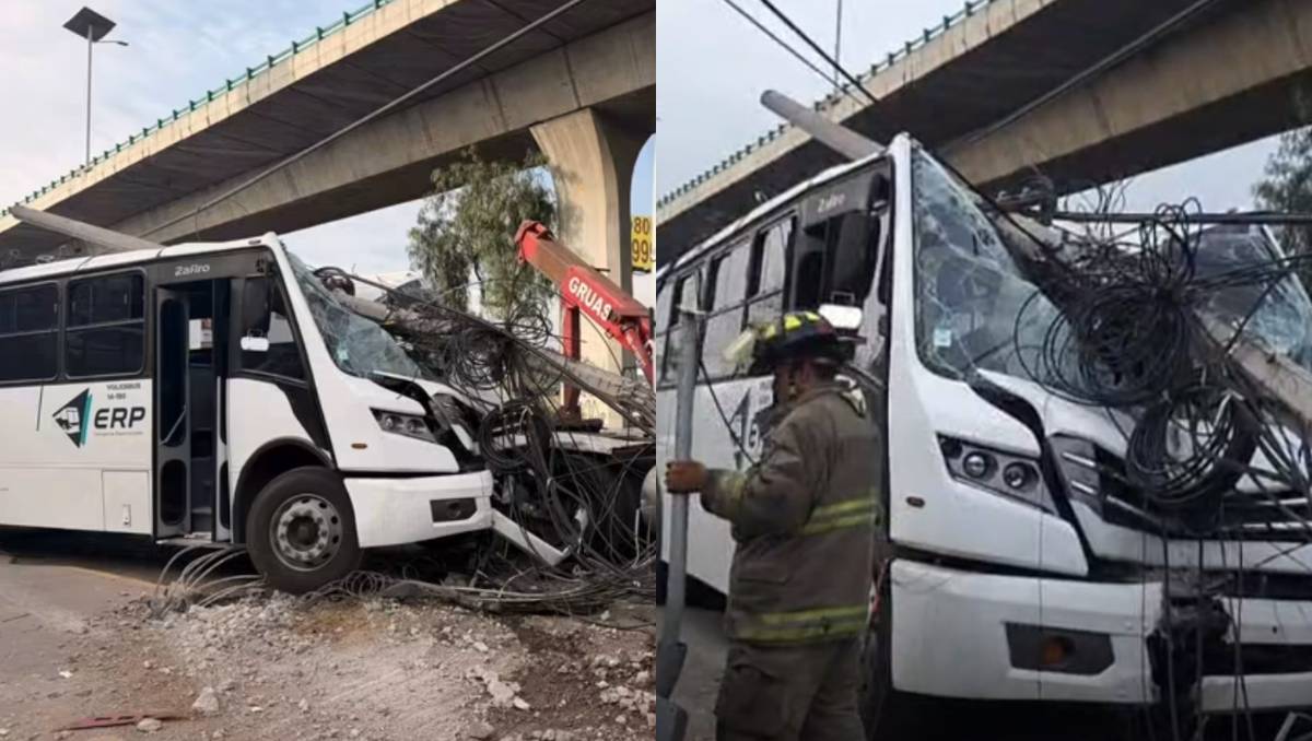 Un autobús que trasladaba estudiantes de Coacalco a Cuautitlán Izcalli chocó contra un poste; no hubo lesionados. | Foto: Especial