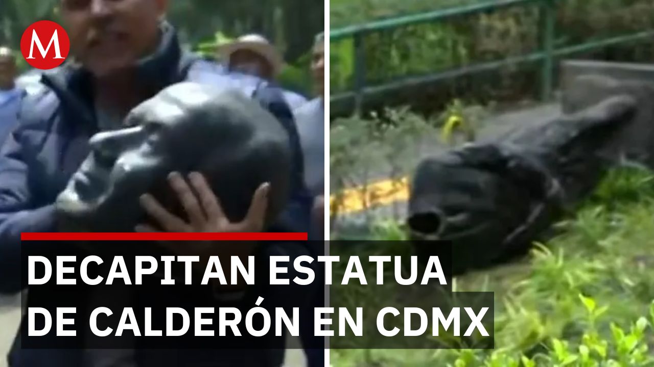 Manifestantes derriban estatua de Calderón en Los Pinos ante inacción de Guardia Nacional