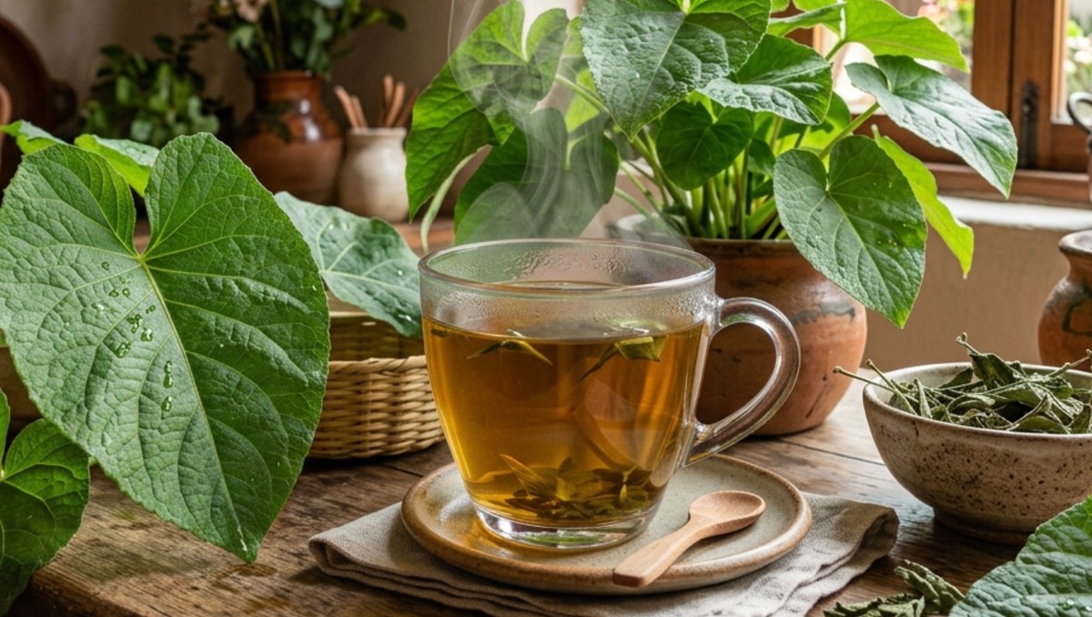 Hierba santa y taza de té de hoja santa. | FOTO: MILENIO