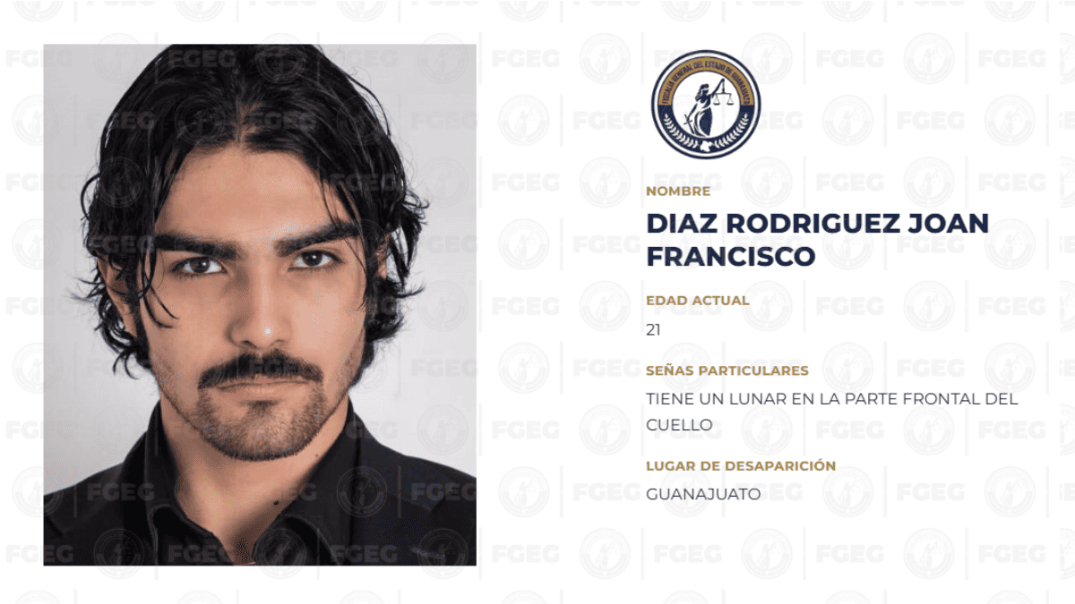 Emiten ficha de búsqueda de Joan Francisco Díaz Rodríguez. | Fiscalía General del Estado de Guanajuato