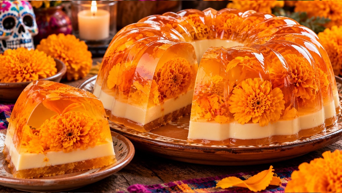 Receta para hacer gelatina de flor de cempasúchil (IA)