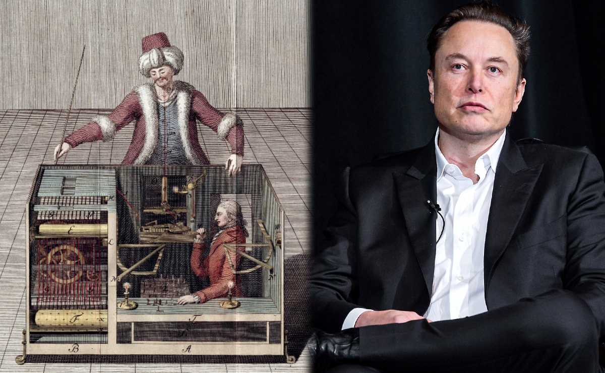 Dibujo transversal del Turco Mecánico. | Elon Musk, accionista mayoritario individual de la compañía Tesla. (Imágenes: Wikimedia Commons)