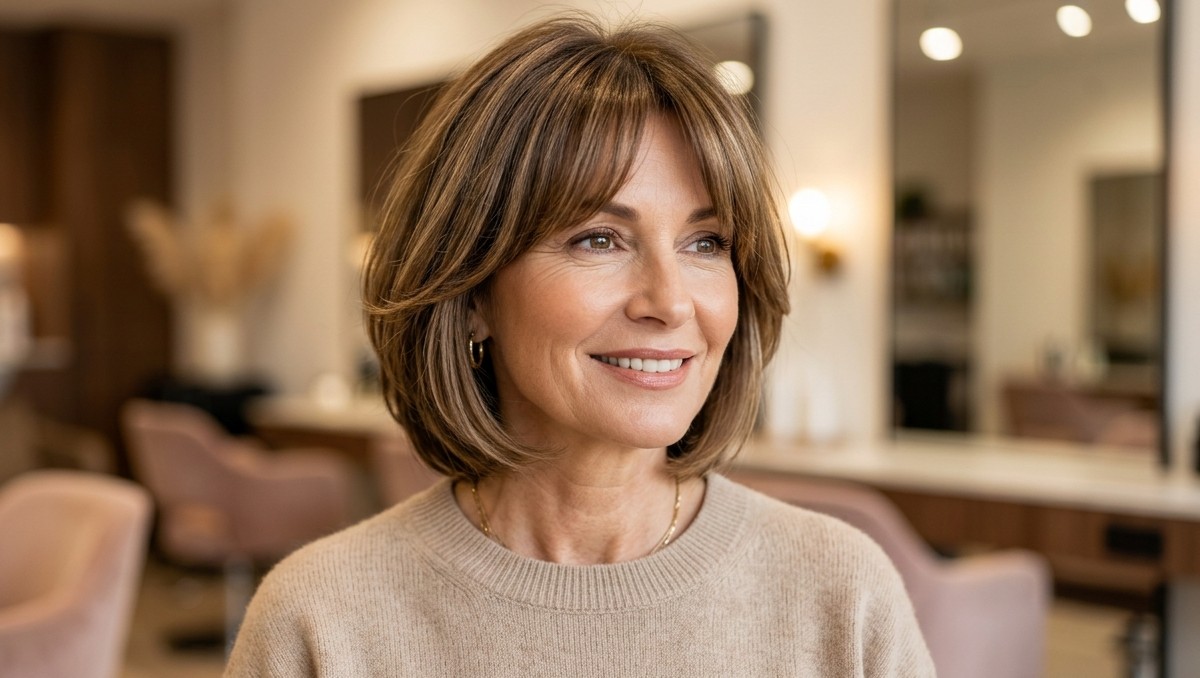 Mujer de más de 50 años con corte de cabello moderno en capas y flequillo de cortina.  | FOTO:  MILENIO