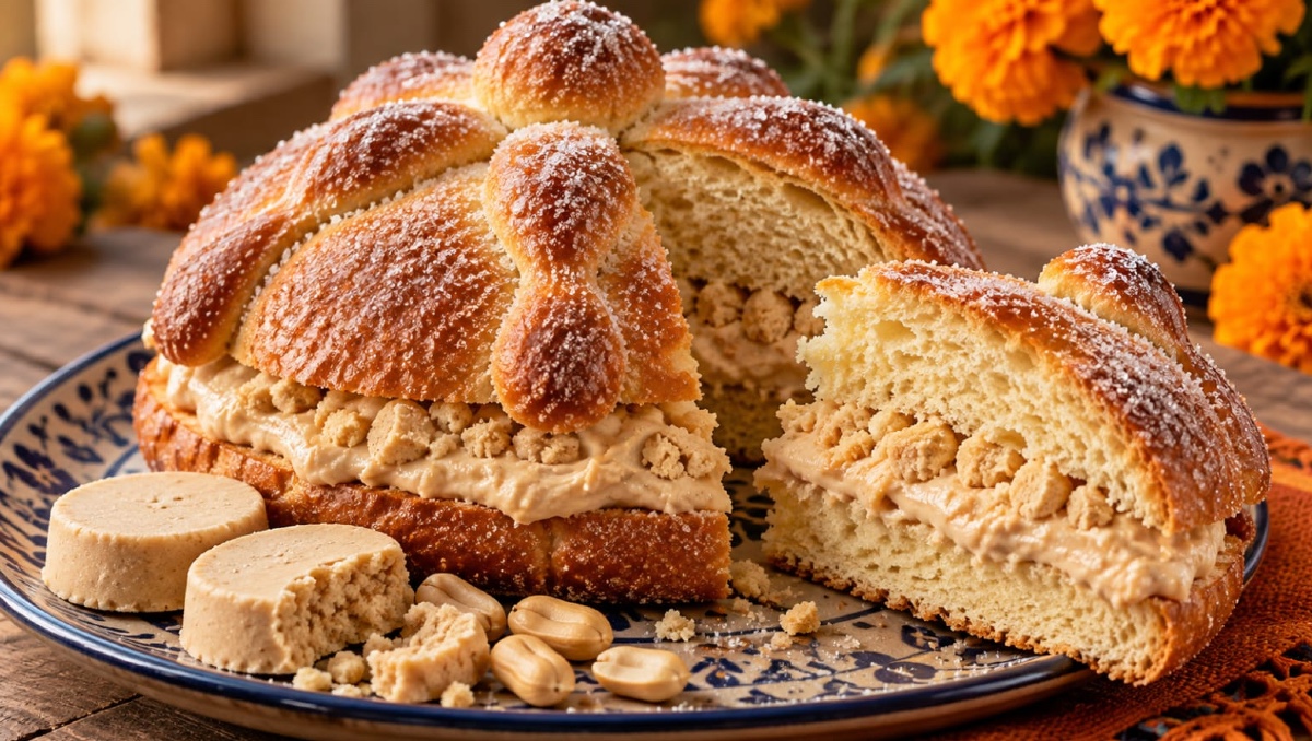 Pan de muerto con relleno de mazapán. | IA