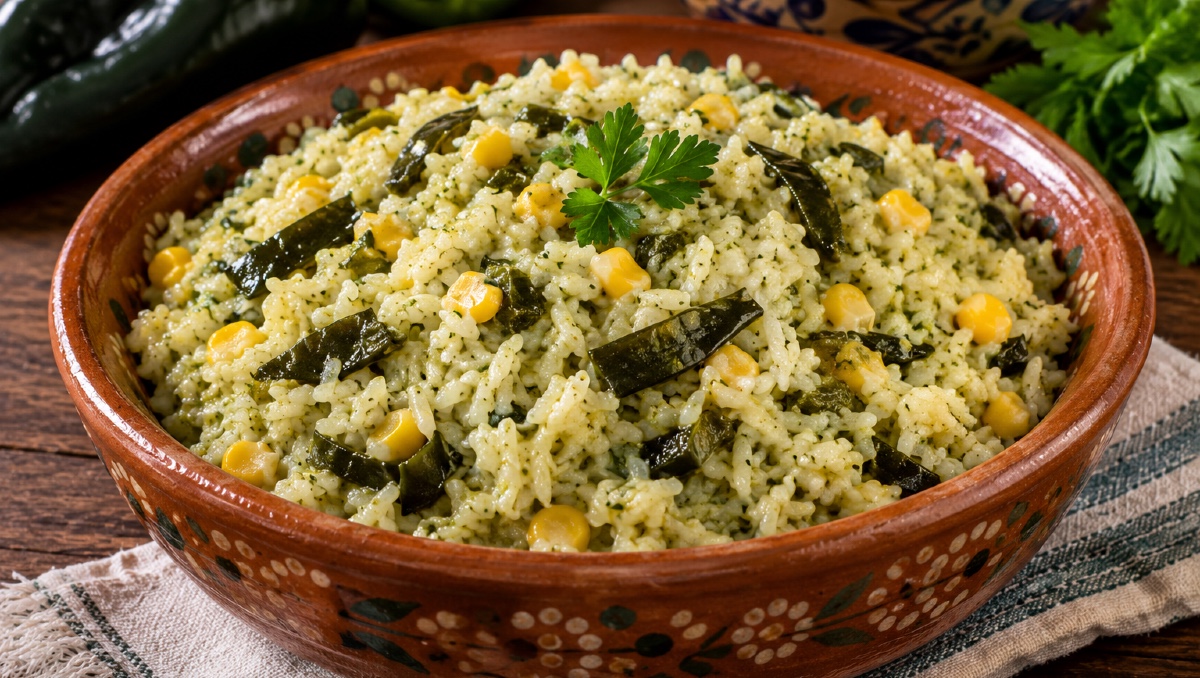 Arroz poblano con elote, el secreto para que sí quede verde. | IA