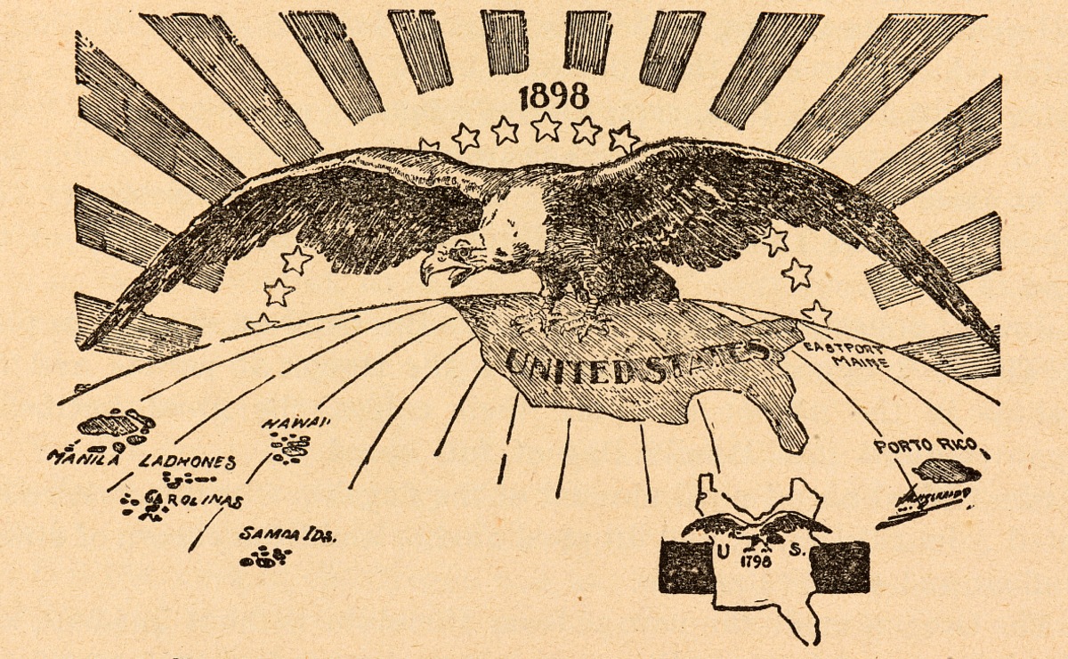 El águila estadunidense extiende sus alas de Filipinas a Puerto Rico en una caricatura política de ‘The Philadelphia Press’, 1898. (Wikimedia Commons)