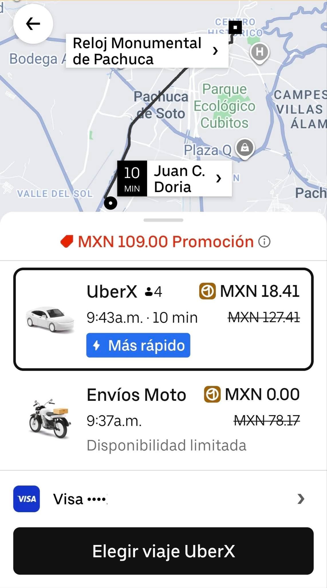 Uber ya permite hacer viajes en Pachuca. (Captura de la App)