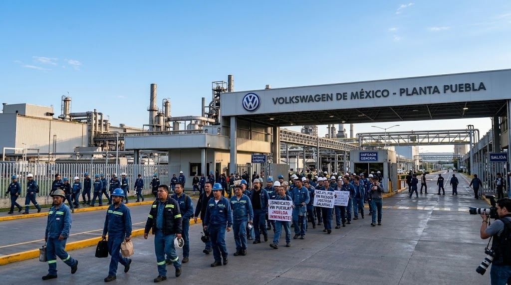 Entrada principal de la planta de Volkswagen en Puebla, donde este 22 de octubre podría estallar la huelga. Foto: Milenio IA.