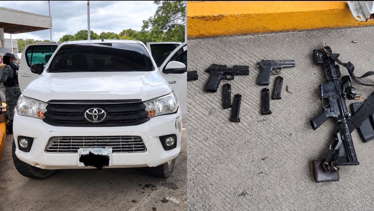 Autoridades aseguraron una camioneta con reporte de robo y varias armas de fuego en operativo.| Foto:Especial