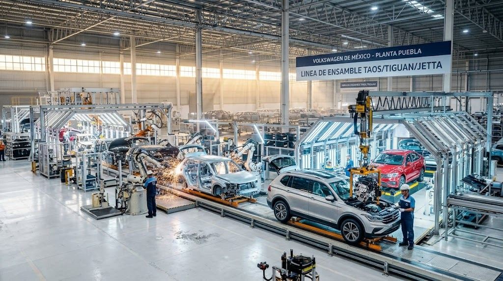 Línea de producción de Volkswagen en Puebla, la planta clave para la marca en Norteamérica. Foto: Milenio IA.