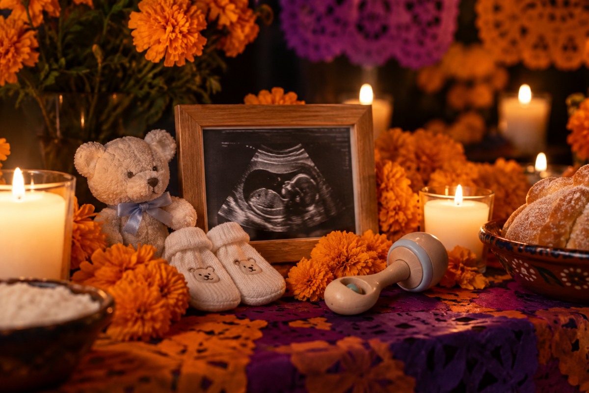 Ofrenda de Día de Muertos con flores de cempasúchil, veladoras y objetos de bebé para honrar la memoria de un hijo no nacido.