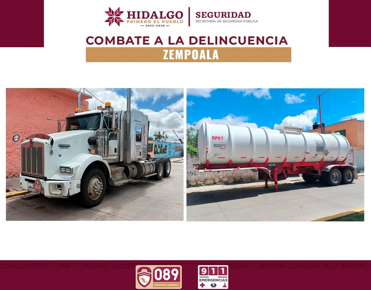 Un accidente que dejó al descubierto el traslado de 29 mil litros de gasolina con documentos falsos en Zempoala. (SSPH)